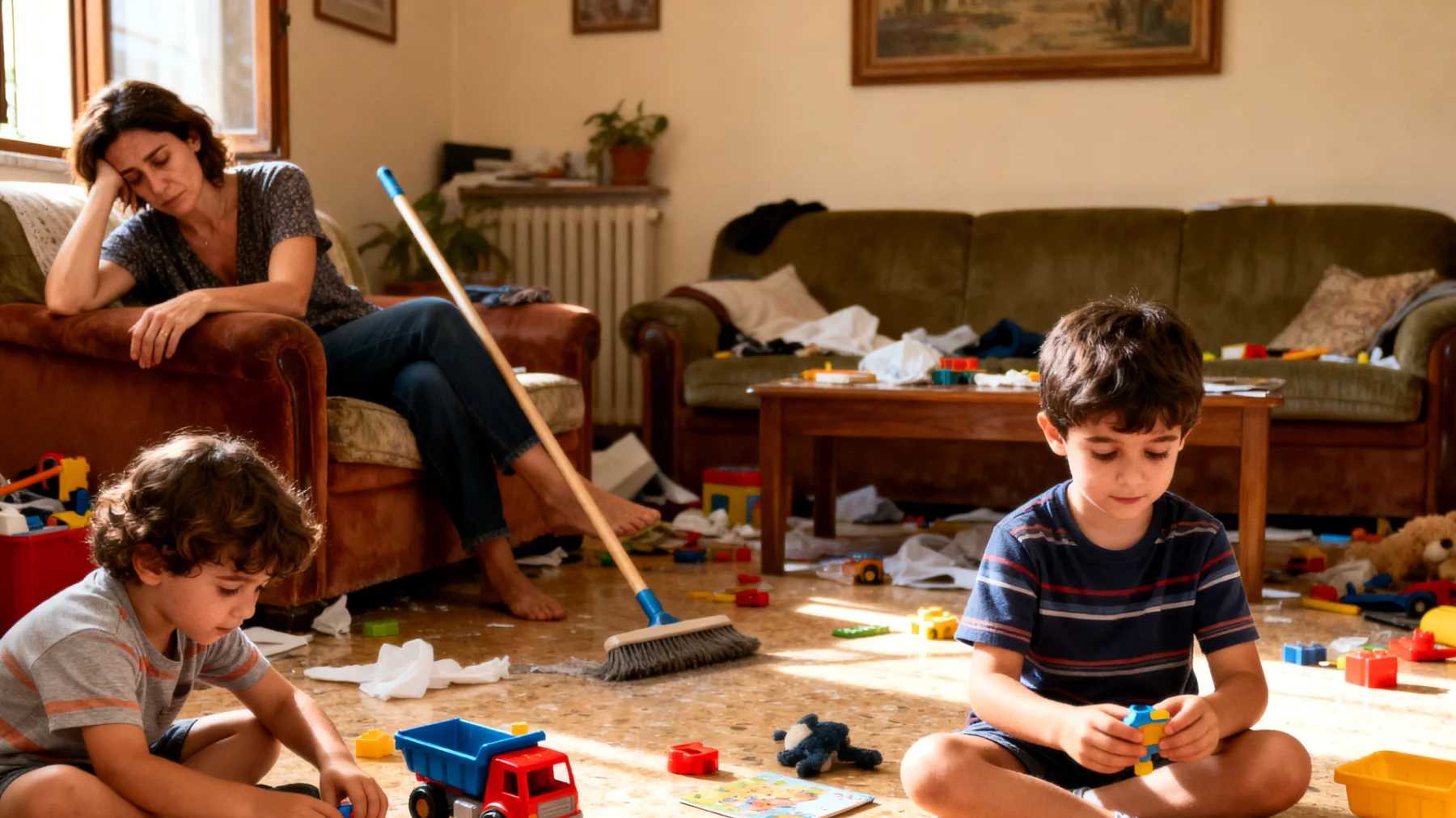 La mamma fatica a coinvolgere i suoi bambini nelle attività quotidiane come riordinare i giocattoli, apparecchiare la tavola o mettere in ordine la propria stanza. Spesso si ritrova a fare tutto da sola per evitare conflitti o per risparmiare tempo, alimentando però un circolo vizioso in cui i bambini non sviluppano il senso di responsabilità e lei accumula frustrazione e stanchezza."