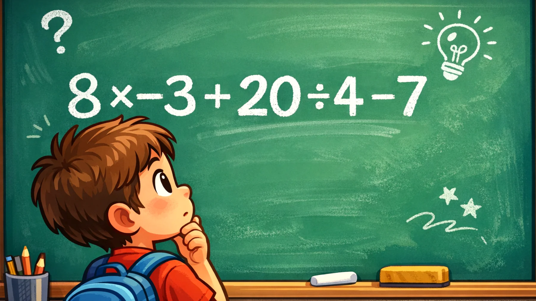 Quanto fa 8 × -3 + 20 ÷ 4 - 7? Solo il 10% delle persone risponde correttamente al primo colpo, sei tra loro?"