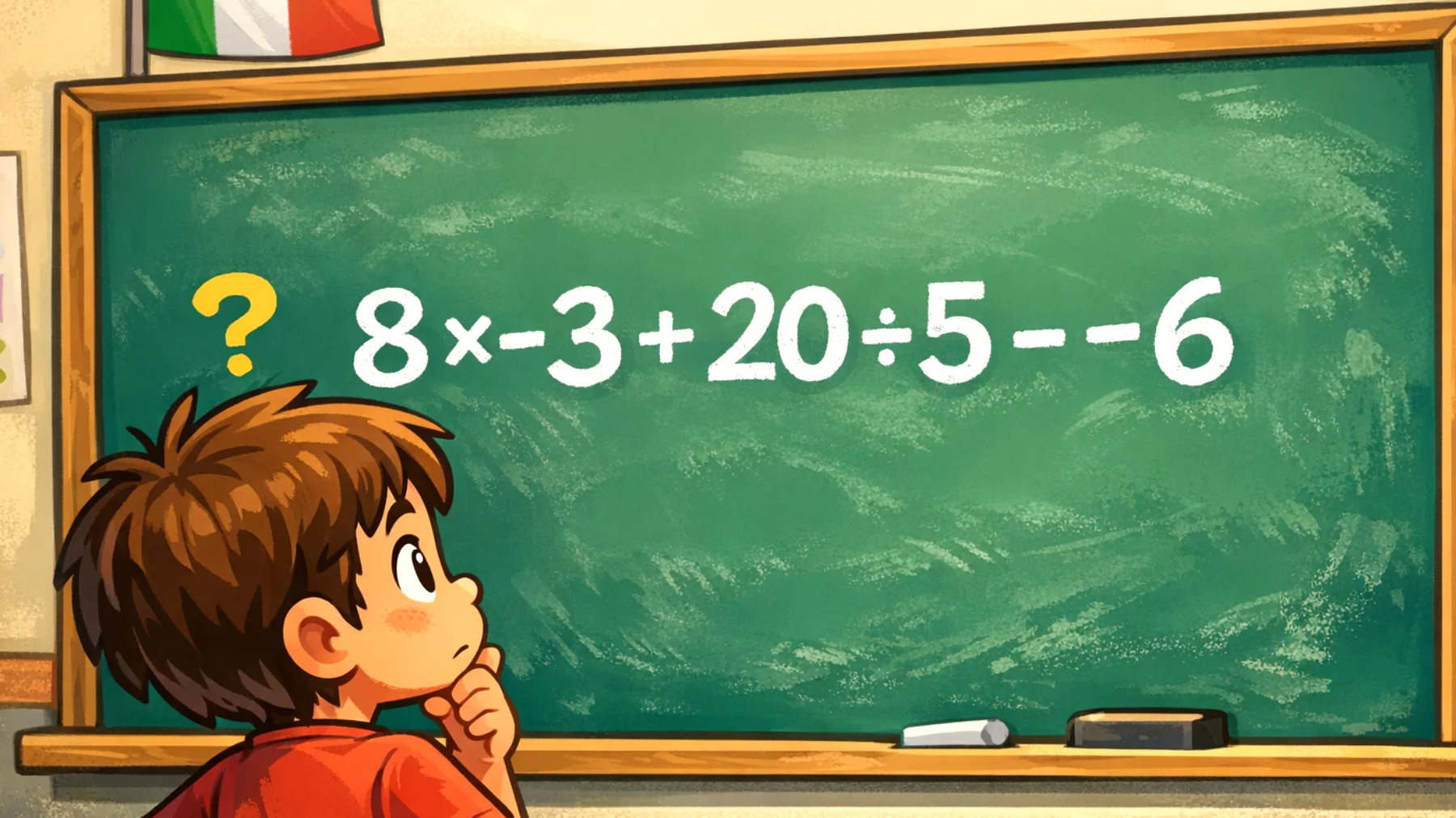 Quanto fa davvero 8 × -3 + 20 ÷ 5 - -6? Solo il 10% risponde correttamente, sfida la tua mente!"