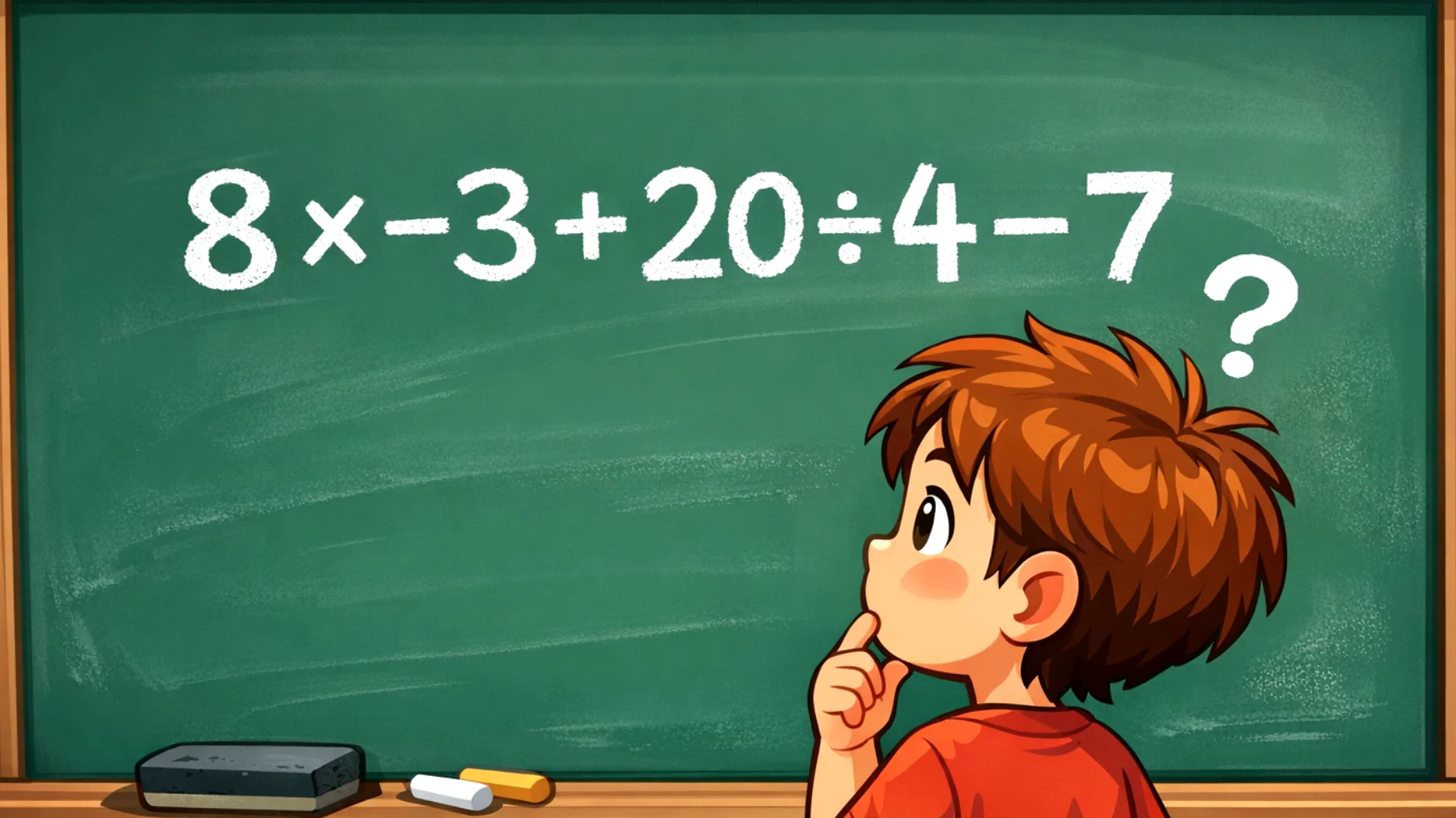 Solo i veri geni risolvono questo calcolo al primo colpo: quanto fa 8 × -3 + 20 ÷ 4 - 7?"